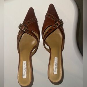Tony Bianco Brown Pointed Buckle Leather Mules